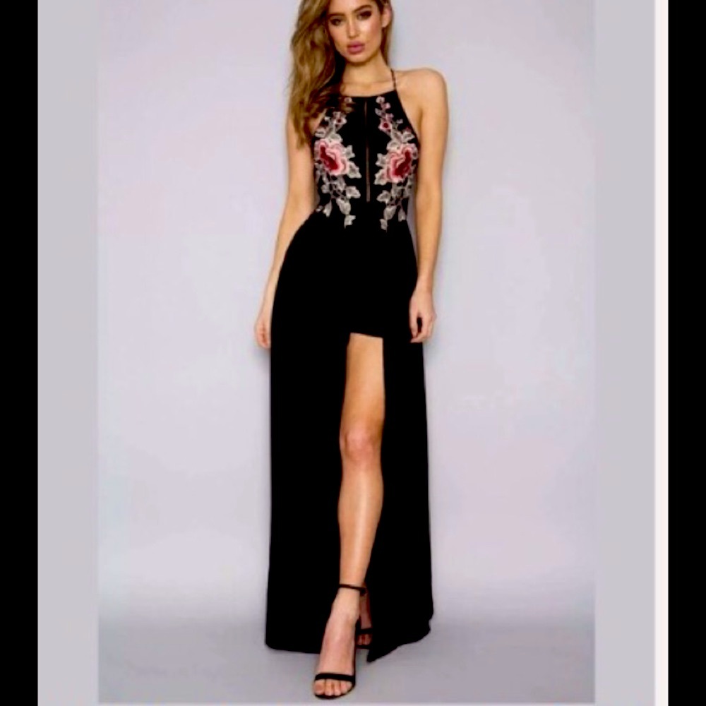NWT black maxi dress with embroided flowers